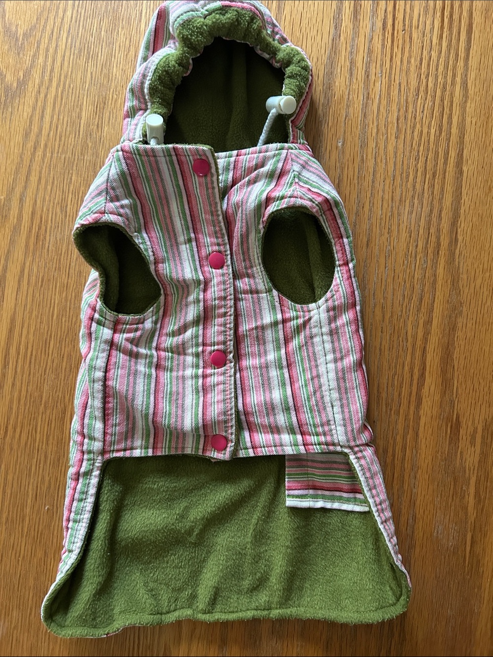 Small dog Striped Hooded Vest in Pink & Green. Reversible.